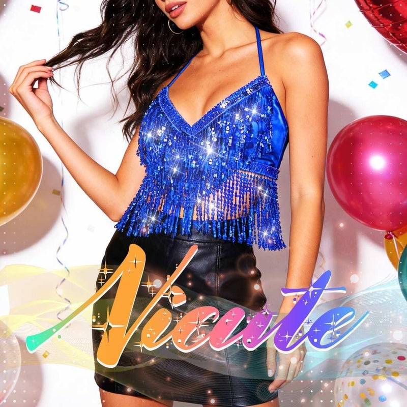 Nicute Silver Sequin Top Fringe Bra Top Sparkly Belly Dance Tops for Women - Image 3